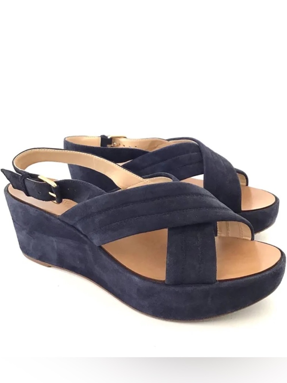 J Crew Navy Blue Marcie Suede Criss Cross Platform Wedge Sandals Size: 7.5/8